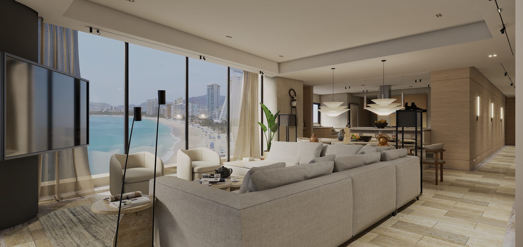 Departamento BAIA, sala con vista panorámica a la bahía de Acapulco