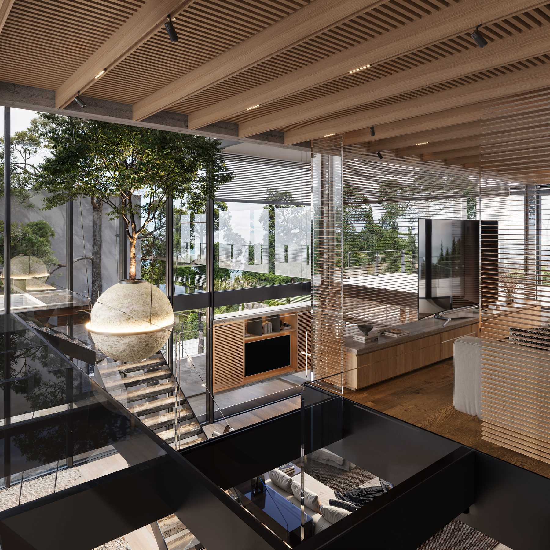 Casa Al Lago, doble altura interior con escalera de mármol y árbol central
