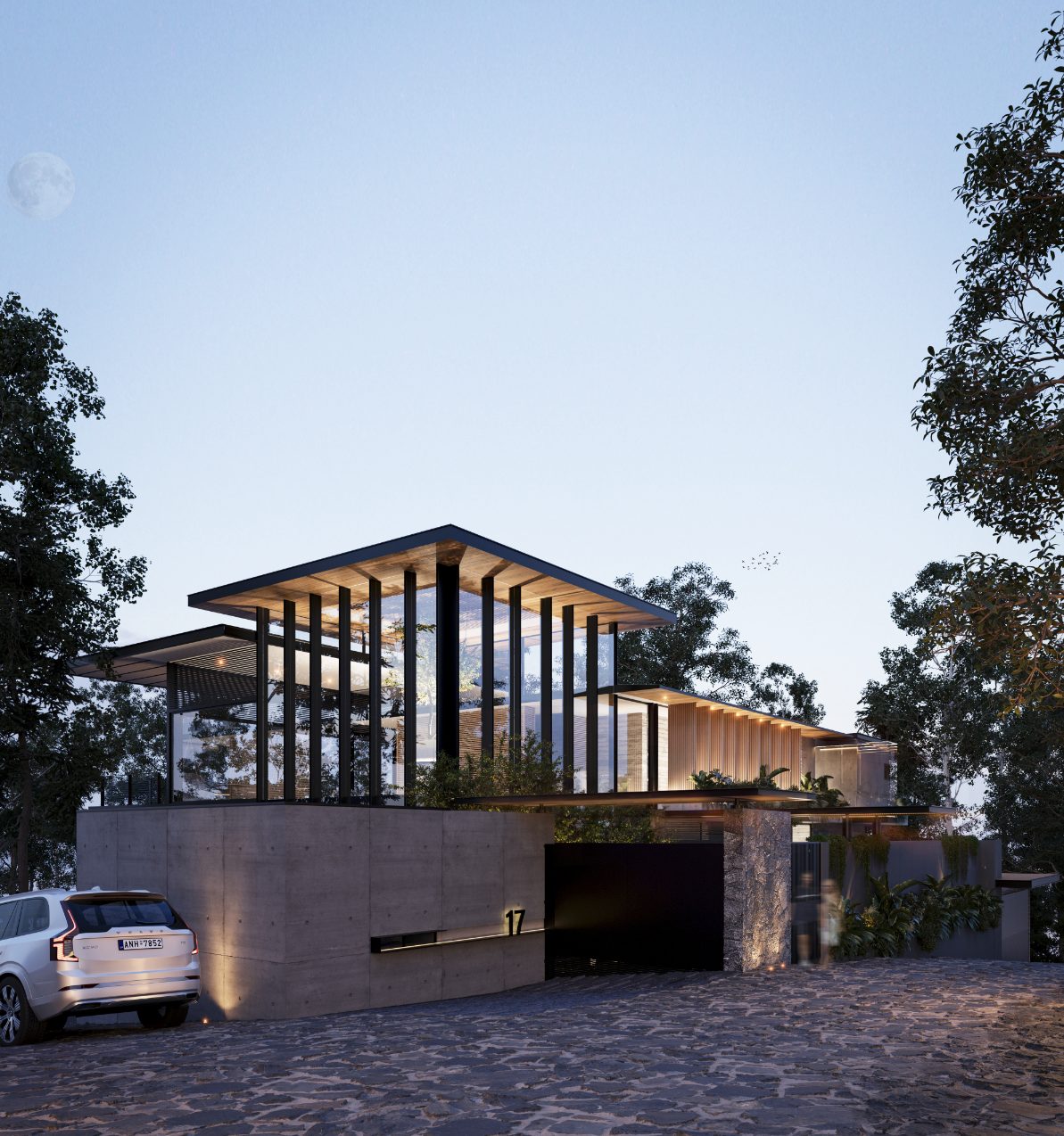 Casa Al Lago, fachada al atardecer con acceso vehicular