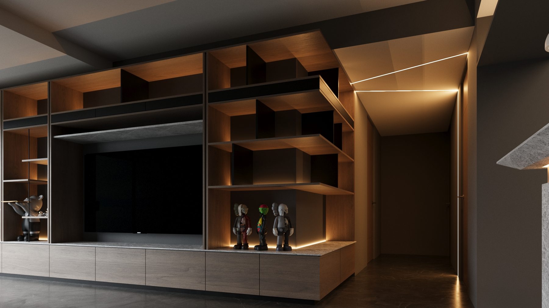 Departamento I, centro de entretenimiento en madera con iluminación indirecta, vista angular