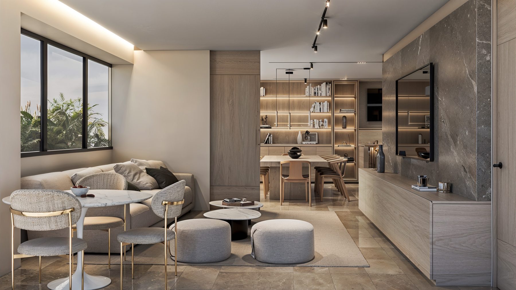 La Joya, sala y comedor con acabados en mármol y madera