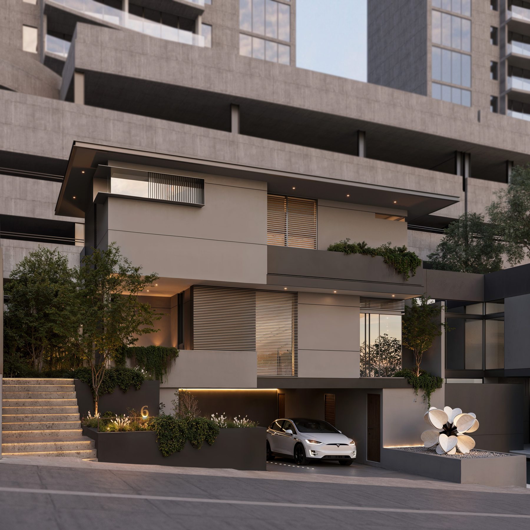 View House, fachada nocturna con acceso vehicular en contexto vertical